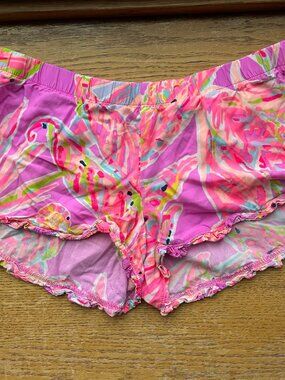 Lilly Pulitzer Lounge Pajama Ruffle Hem Pink Flamingo Print Shorts Sz S Casual